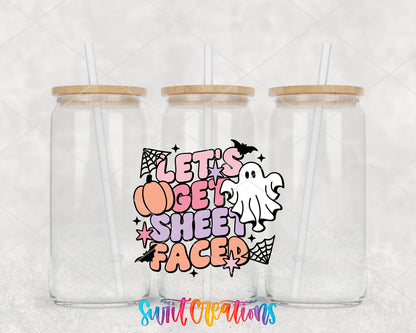 Lets Get Sheet Faced clear glass tumbler group mockup with bamboo lids and straws