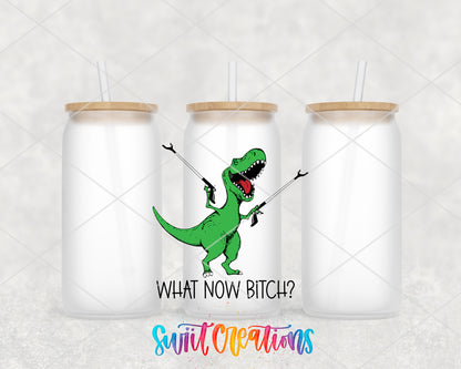 What Now Dinosaur frosted glass tumbler group view with lids and straws