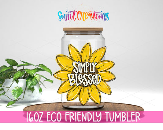Simply Blessed Sunflower design on a 16 oz clear glass tumbler with bamboo lid