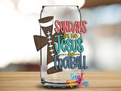 Sundays Jesus and Football design close-up on a clear glass can tumbler