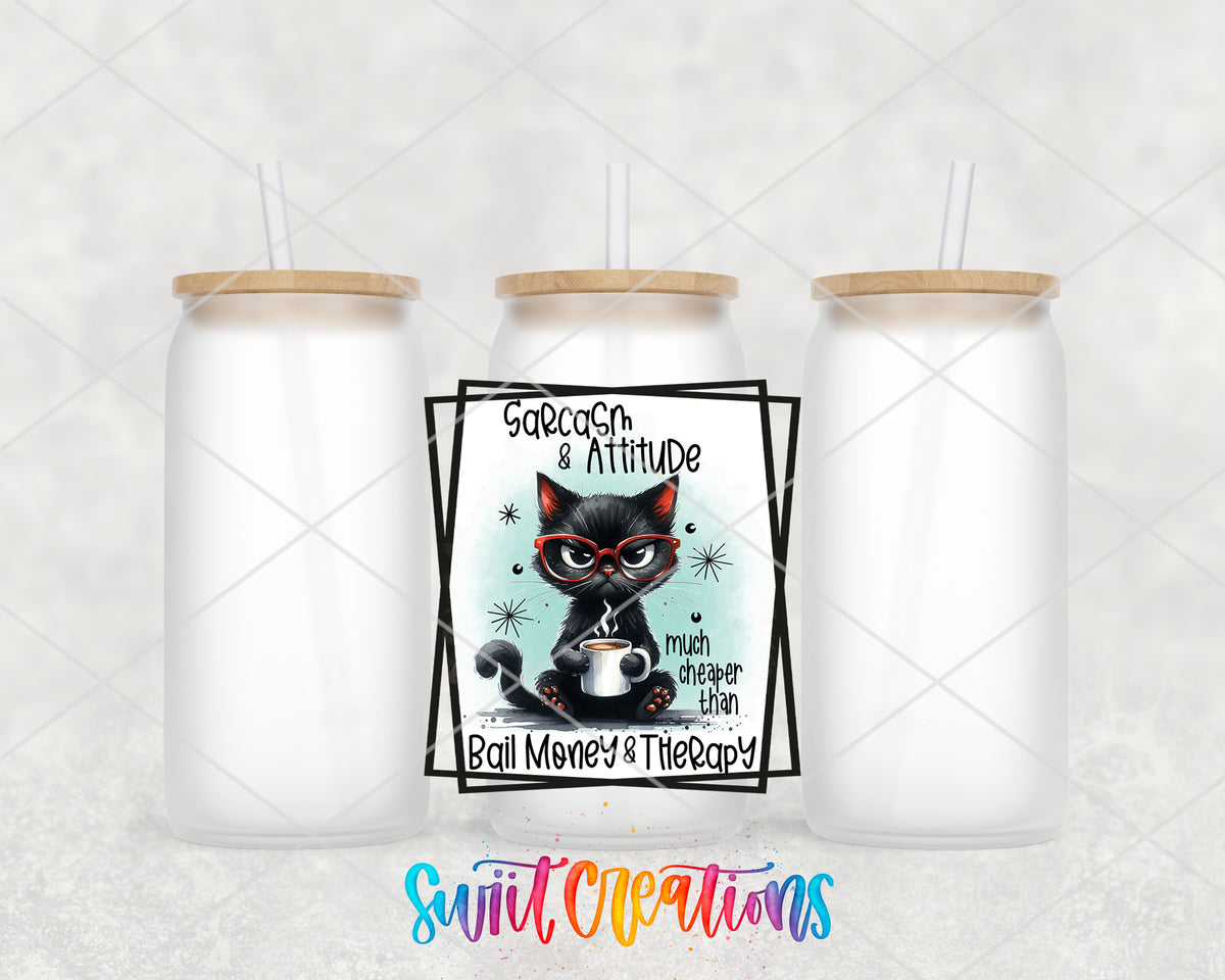 Sarcasm and Attitude Cat frosted glass tumbler group view with lids and straws