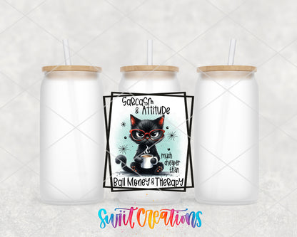 Sarcasm and Attitude Cat frosted glass tumbler group view with lids and straws