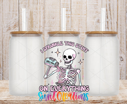 Sprinkle Sarcasm Skeleton frosted glass tumbler mockup with bamboo lids and straws