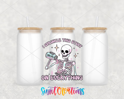 Sprinkle Sarcasm Skeleton frosted glass tumbler group view with lids and straws