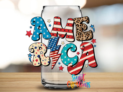 America Patchwork design close-up on a clear glass can tumbler