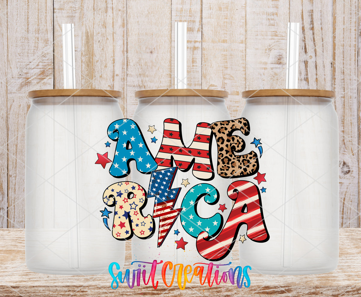 America Patchwork frosted glass tumbler mockup with bamboo lids and straws