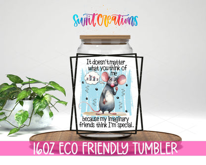 Imaginary Friends Mouse design on a 16 oz clear glass tumbler with bamboo lid
