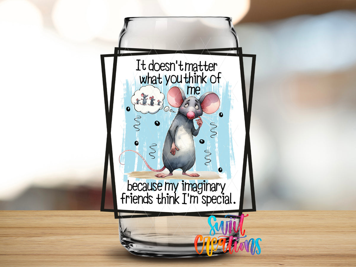 Imaginary Friends Mouse design close-up on a clear glass can tumbler