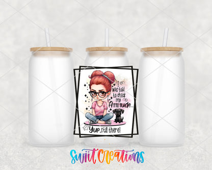Check My Attitude frosted glass tumbler group view with lids and straws