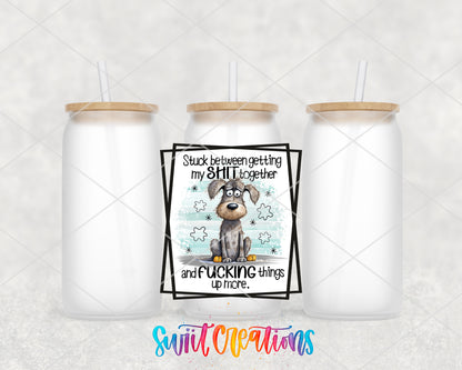 Stuck Between Getting It Together frosted glass tumbler group view with lids and straws