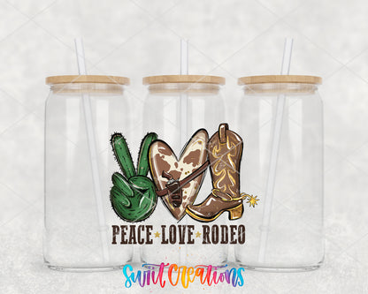 Peace Love Rodeo clear glass tumbler group mockup with bamboo lids and straws