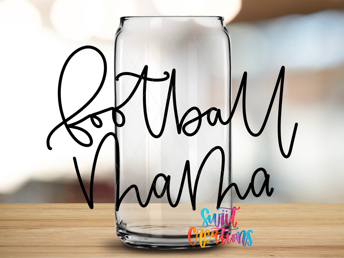 Football Mama design close-up on a clear glass can tumbler