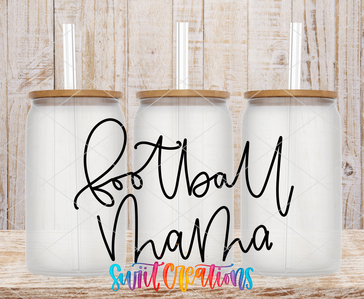 Football Mama frosted glass tumbler mockup with bamboo lids and straws