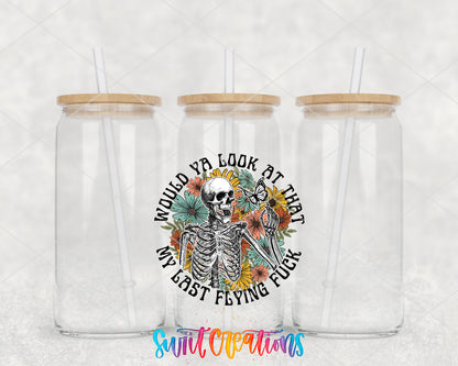 My Last Flying Fuck clear glass tumbler group mockup with bamboo lids and straws