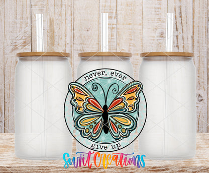 Never Ever Give Up Butterfly frosted glass tumbler mockup with bamboo lids and straws