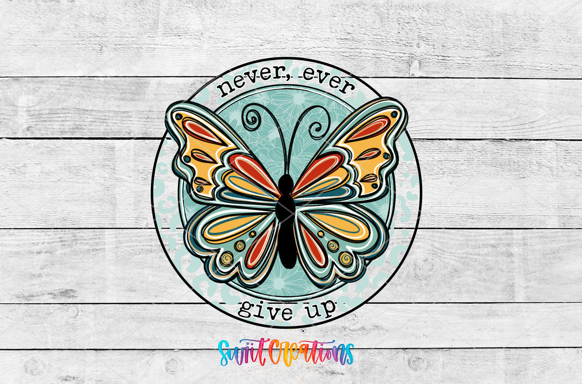 Never Ever Give Up Butterfly artwork detail for the finished 16 oz tumbler