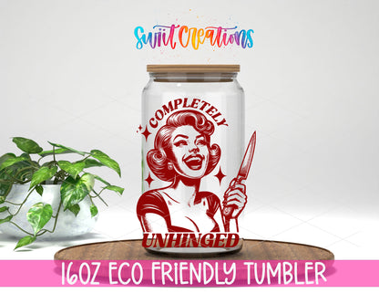 Completely Unhinged design on a 16 oz clear glass tumbler with bamboo lid