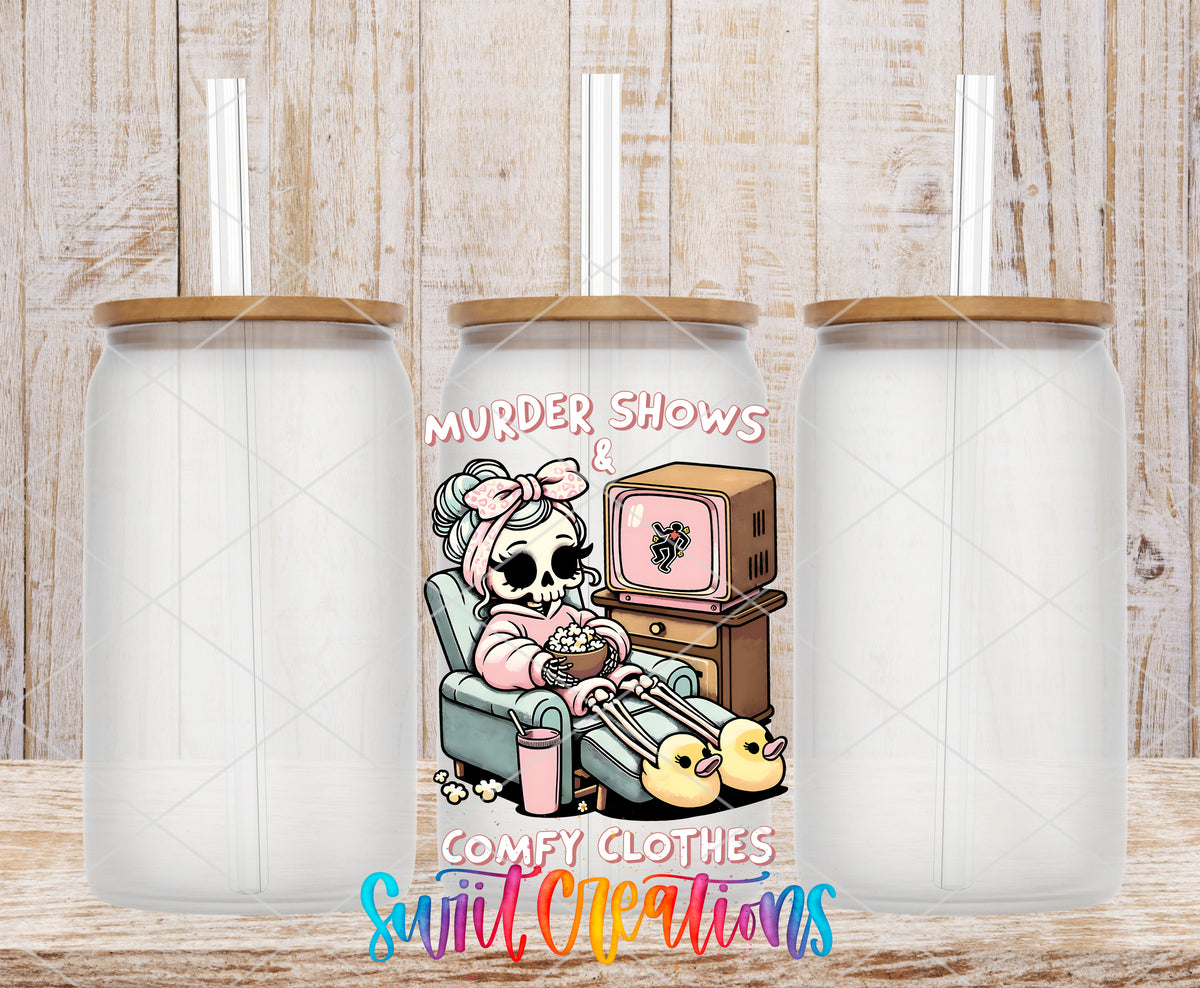 Murder Shows and Comfy Clothes frosted glass tumbler mockup with bamboo lids and straws