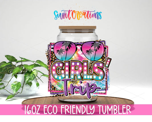 Girls Trip design on a 16 oz clear glass tumbler with bamboo lid
