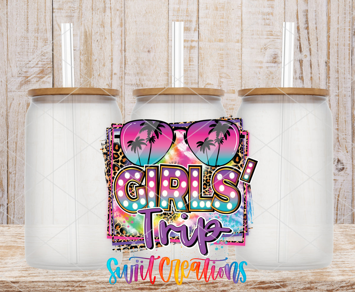 Girls Trip frosted glass tumbler mockup with bamboo lids and straws