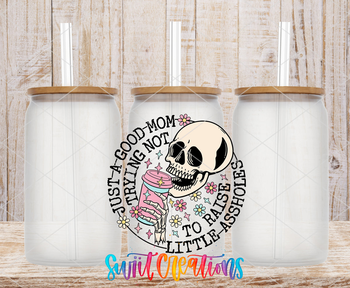 Just a Good Mom frosted glass tumbler mockup with bamboo lids and straws
