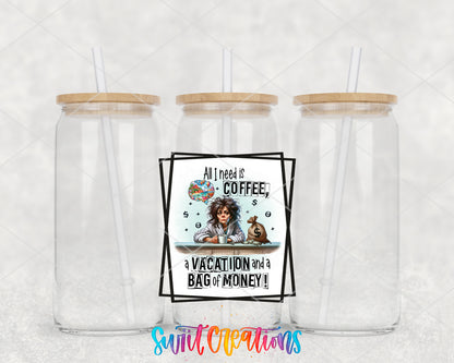 All I Need Is Coffee clear glass tumbler group mockup with bamboo lids and straws