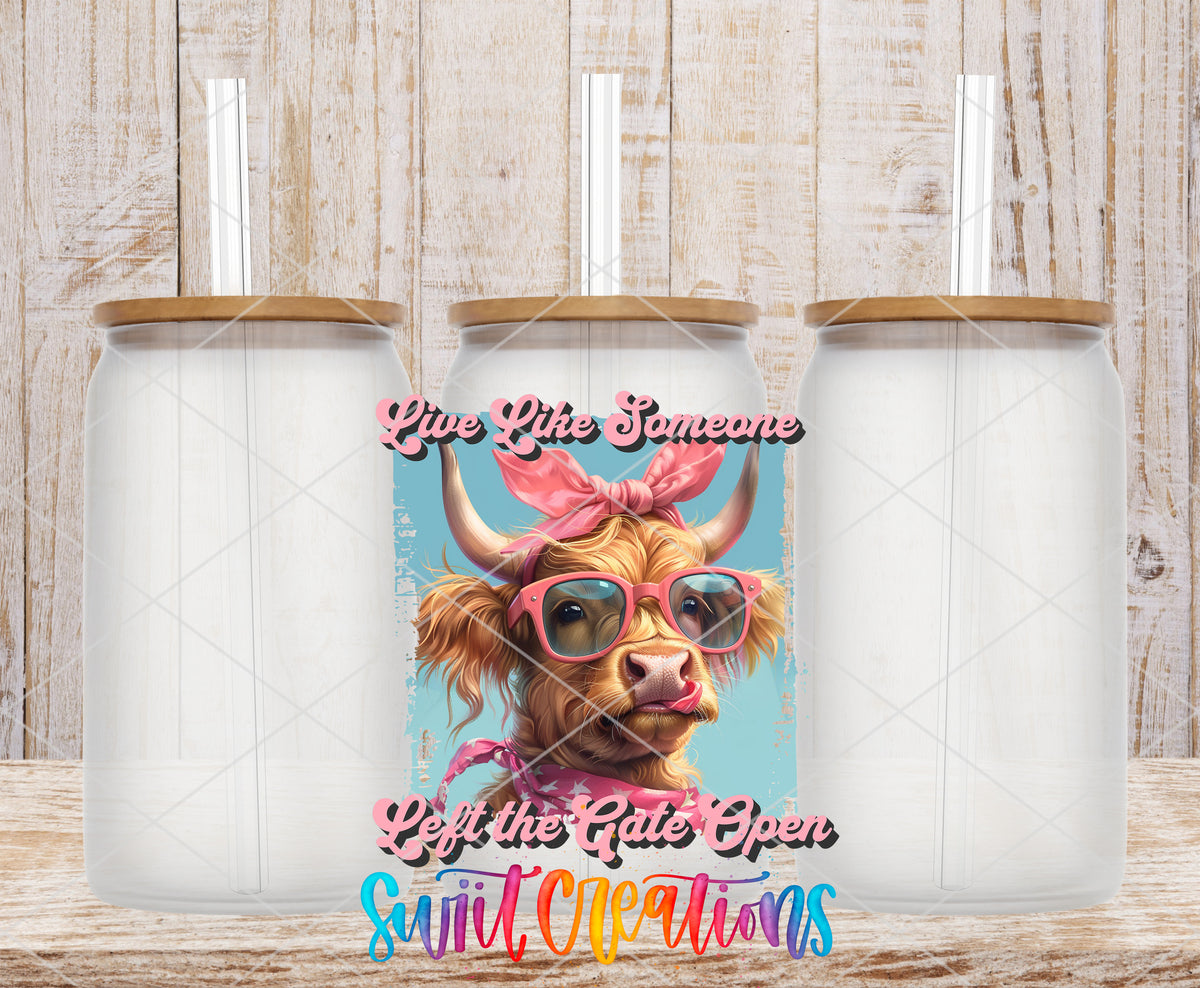 Live Like Someone Left the Gate Open frosted glass tumbler mockup with bamboo lids and straws