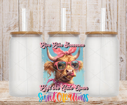 Live Like Someone Left the Gate Open frosted glass tumbler mockup with bamboo lids and straws