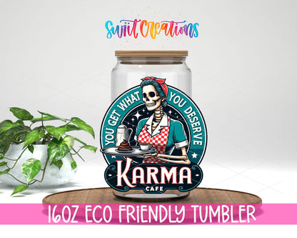 Karma Cafe design on a 16 oz clear glass tumbler with bamboo lid