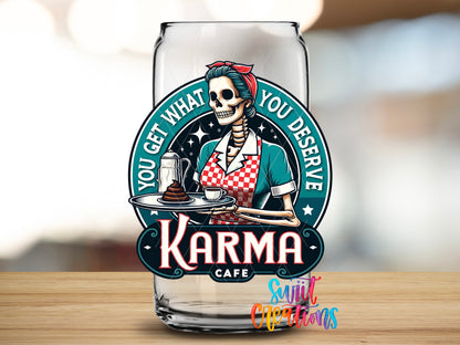 Karma Cafe design close-up on a clear glass can tumbler