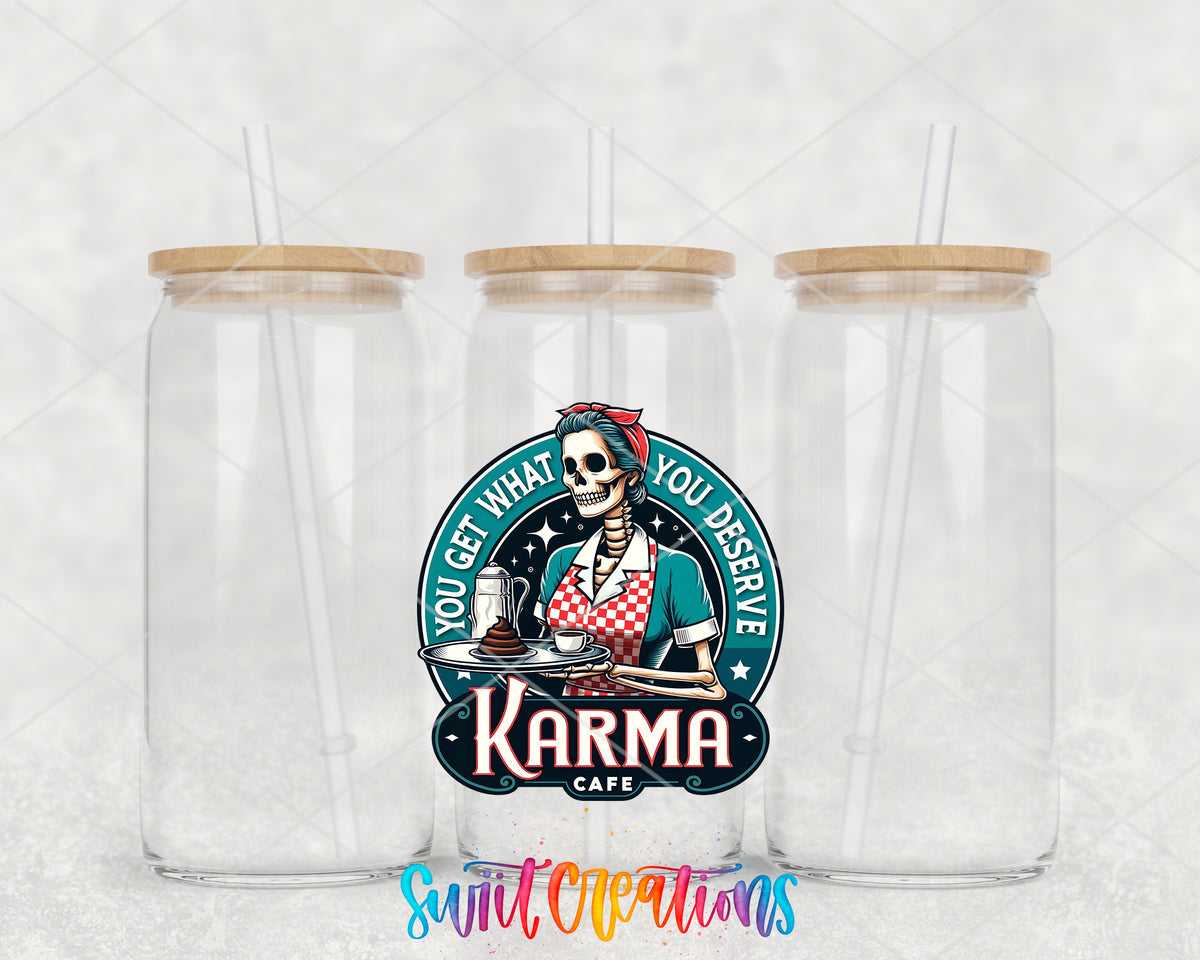 Karma Cafe clear glass tumbler group mockup with bamboo lids and straws