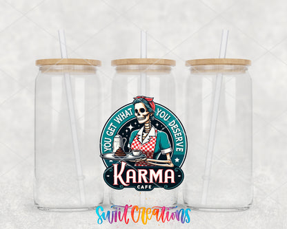 Karma Cafe clear glass tumbler group mockup with bamboo lids and straws