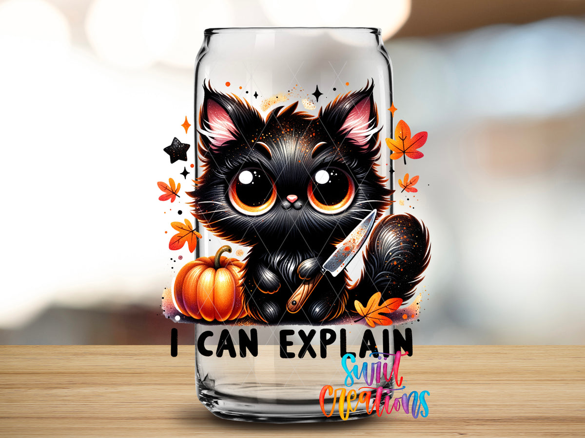 I Can Explain Black Cat design close-up on a clear glass can tumbler