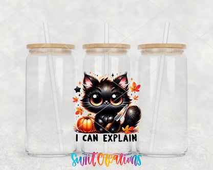 I Can Explain Black Cat clear glass tumbler group mockup with bamboo lids and straws