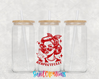 Respectfully Retro clear glass tumbler group mockup with bamboo lids and straws