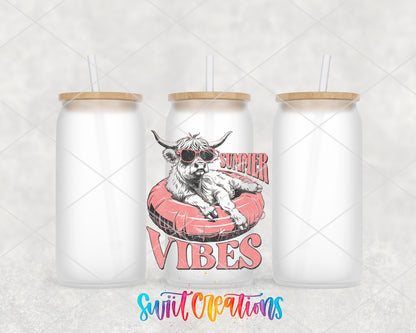 Summer Vibes Cow frosted glass tumbler group view with lids and straws