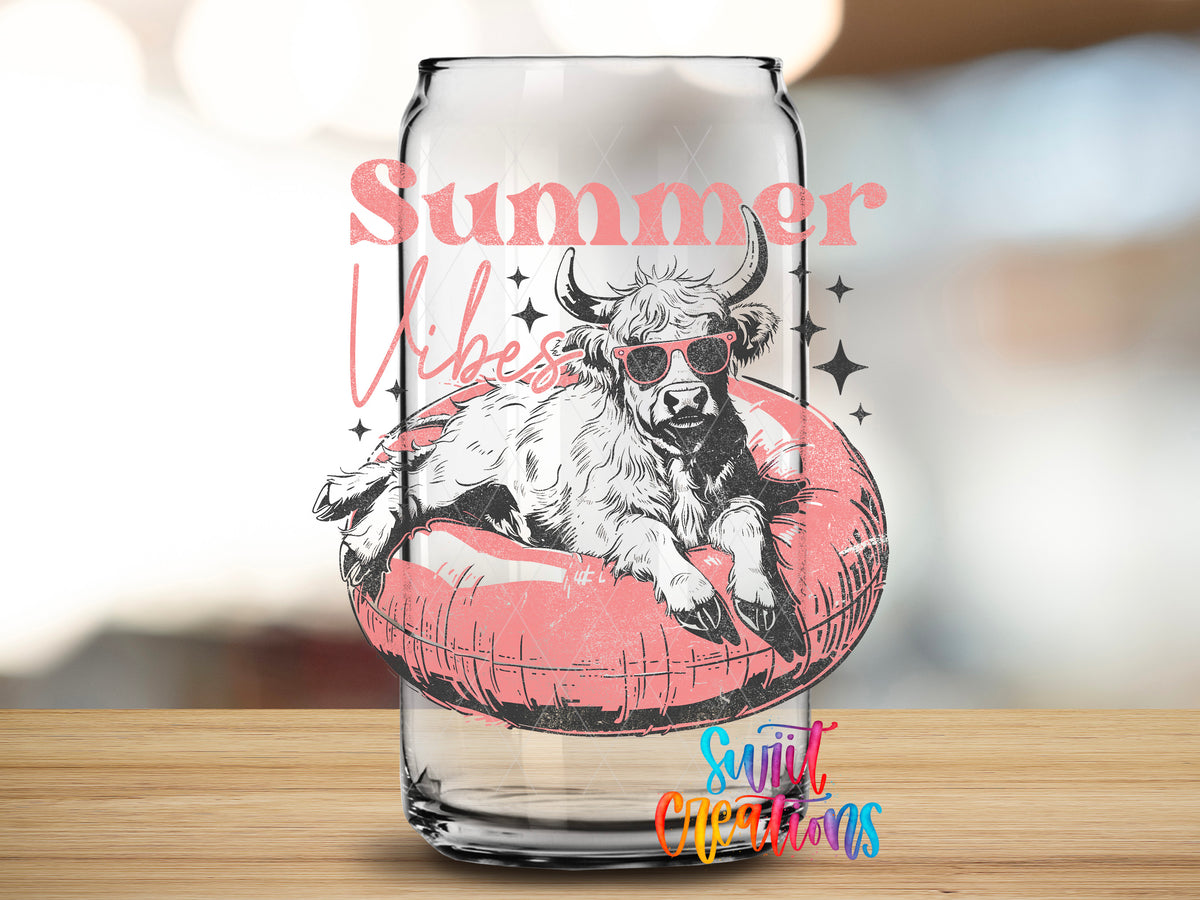 Summer Vibes Cow Pool Float design close-up on a clear glass can tumbler