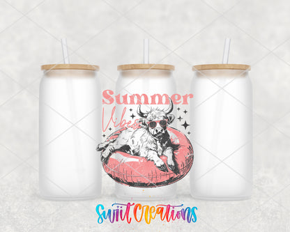 Summer Vibes Cow Pool Float frosted glass tumbler group view with lids and straws