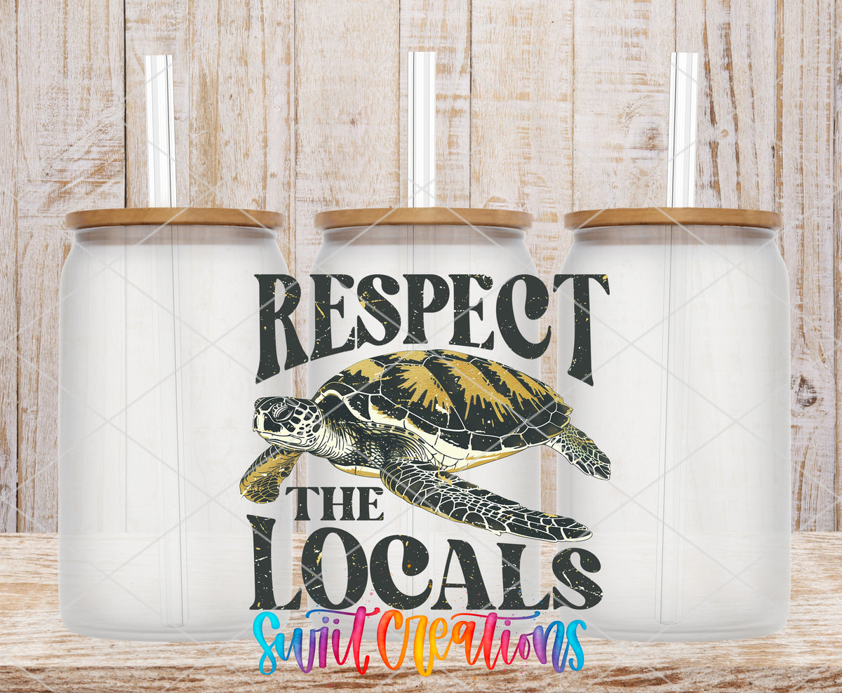 Respect the Locals Sea Turtle frosted glass tumbler mockup with bamboo lids and straws