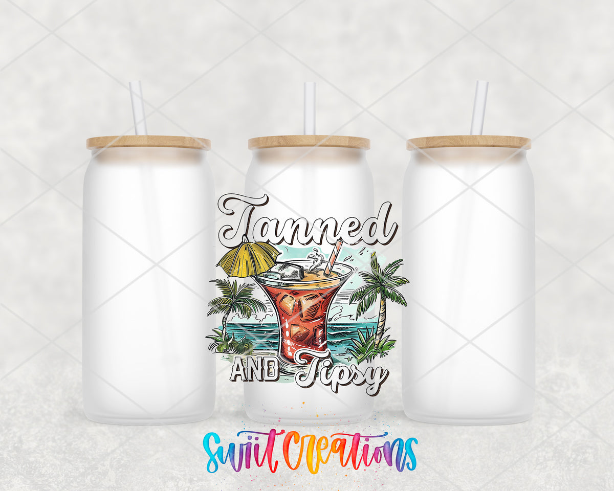 Tanned and Tipsy Cocktail frosted glass tumbler group view with lids and straws