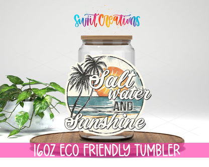 Salt Water and Sunshine Sunset design on a 16 oz clear glass tumbler with bamboo lid