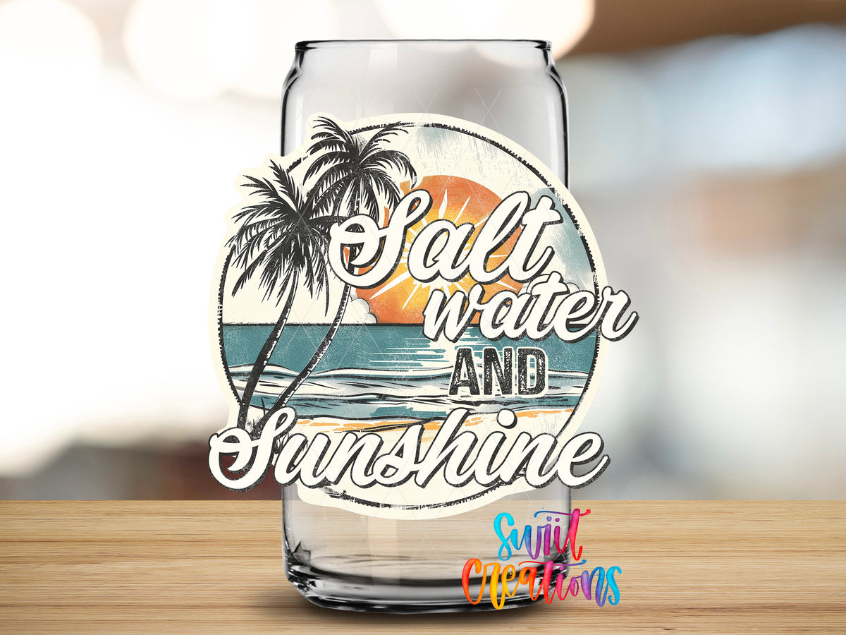 Salt Water and Sunshine Sunset design close-up on a clear glass can tumbler