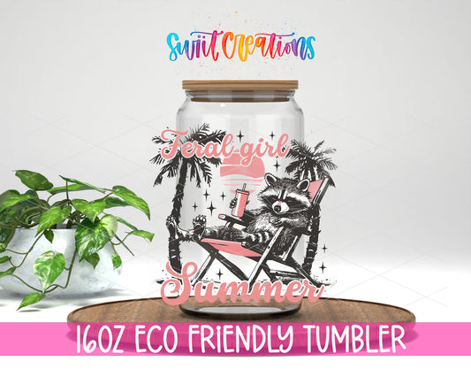 Feral Girl Summer Beach Chair design on a 16 oz clear glass tumbler with bamboo lid