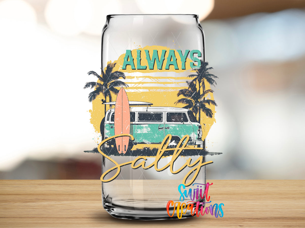Always Salty Surf Van design close-up on a clear glass can tumbler