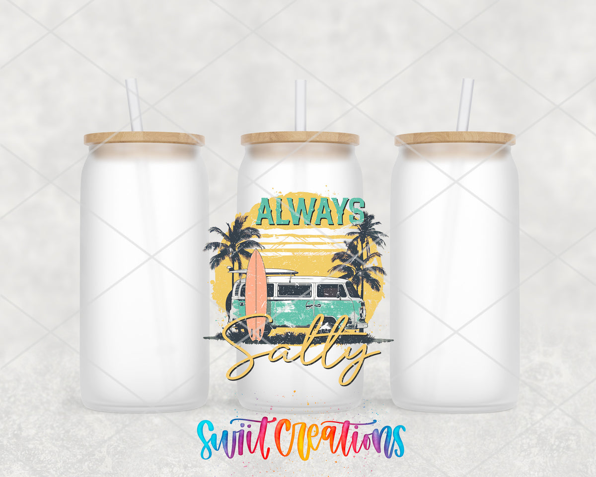 Always Salty Surf Van frosted glass tumbler group view with lids and straws