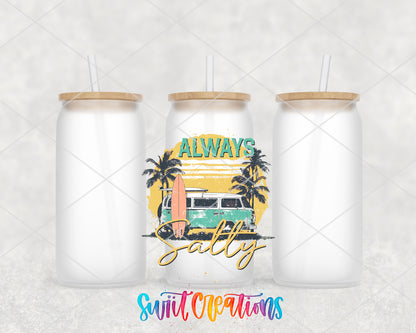 Always Salty Surf Van frosted glass tumbler group view with lids and straws