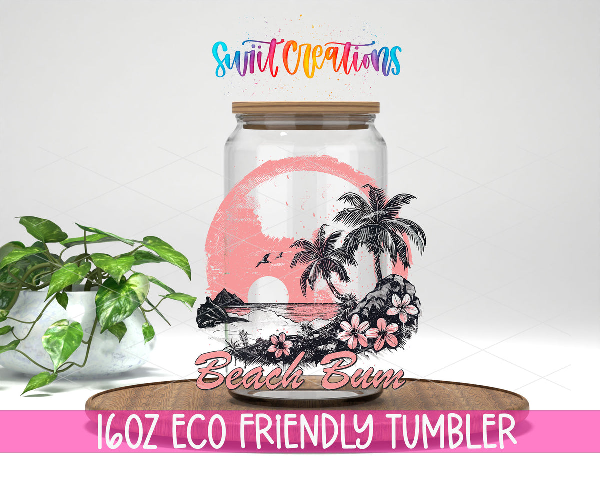 Beach Bum design on a 16 oz clear glass tumbler with bamboo lid