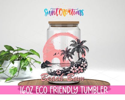Beach Bum design on a 16 oz clear glass tumbler with bamboo lid