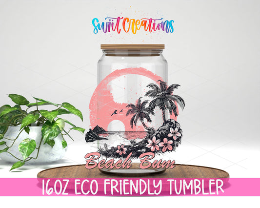Beach Bum design on a 16 oz clear glass tumbler with bamboo lid