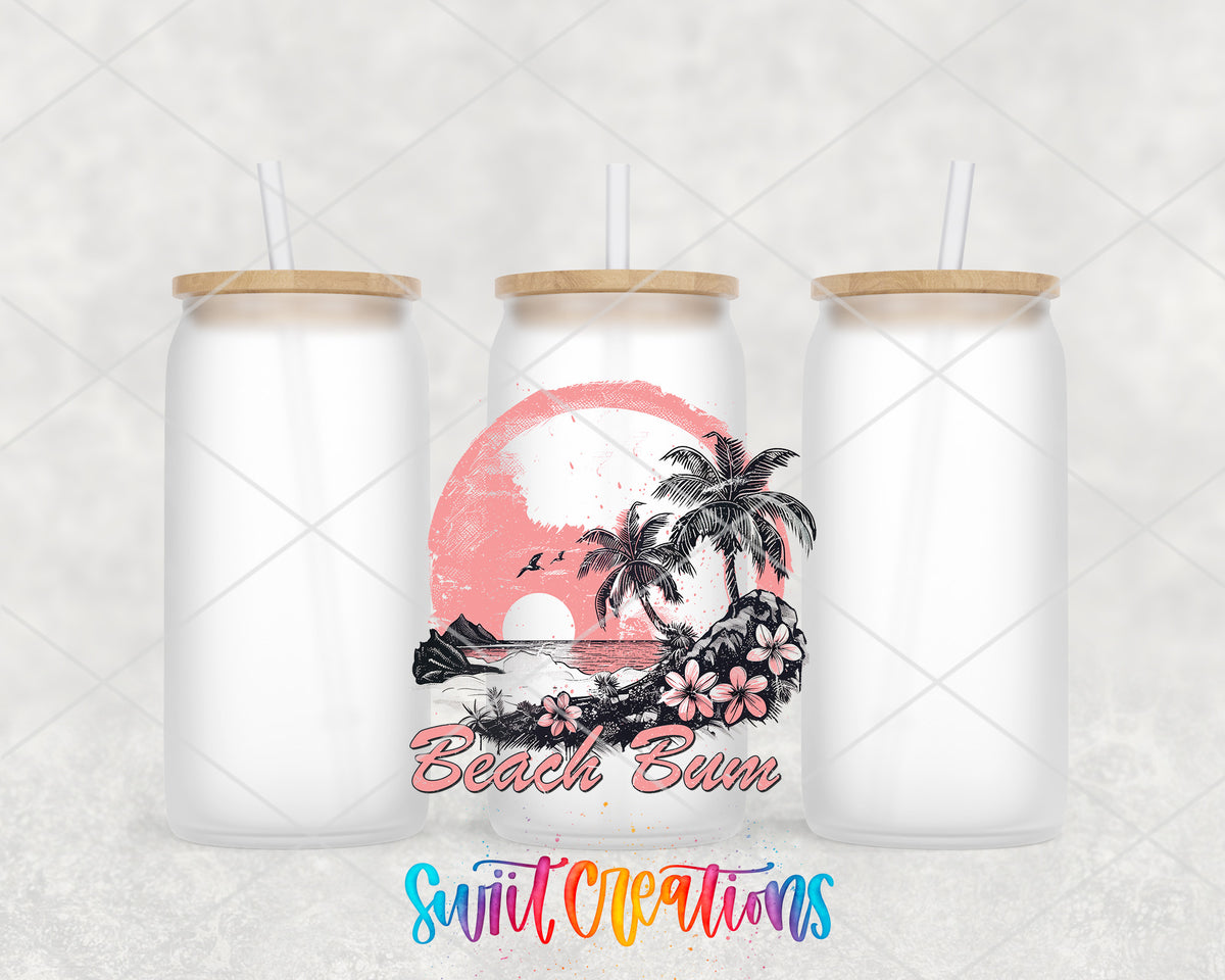 Beach Bum frosted glass tumbler group view with lids and straws